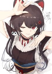 Rule 34 | 1girl, ;), absurdres, animal ears, black collar, black hair, black kimono, blunt bangs, collar, dog ears, dog girl, dog hair ornament, flower, hair ornament, hand on own shoulder, hand to forehead, hand to head, hand up, highres, inui toko, japanese clothes, kimono, long hair, looking at viewer, low twintails, maid, maid headdress, nijisanji, obi, ogura tubuan, one eye closed, open hand, red eyes, red flower, sash, signature, sketch, smile, solo, twintails, upper body, virtual youtuber, wa maid, white background