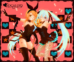 Rule 34 | 2girls, bad id, bad pixiv id, boots, elbow gloves, fishnet pantyhose, fishnets, gloves, hair ribbon, hatsune miku, heart, kagamine rin, long hair, microphone, microphone stand, multiple girls, one eye closed, pantyhose, ribbon, simple background, skirt, star (symbol), thigh boots, thighhighs, twintails, v, very long hair, vocaloid, wink, yoshizumi rie