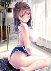 Rule 34 | 1girl, ass, bad id, bad twitter id, bare shoulders, blue one-piece swimsuit, blush, breasts, brown hair, chair, competition swimsuit, curtains, desk, eyes visible through hair, facing to the side, green eyes, hair ornament, hairclip, highres, kneeling, kobayashi chisato, light censor, long hair, looking at viewer, looking back, medium breasts, no bra, one-piece swimsuit, original, parted lips, plaid, plaid skirt, plant, potted plant, shirt, sitting, skirt, solo, swimsuit, unworn swimsuit, wariza, white shirt, window