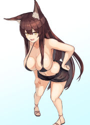 Rule 34 | 1girl, animal ear fluff, animal ears, bikini, bikini top only, black bikini, black shorts, breasts, brown hair, dog ears, dog girl, dog tail, gradient background, hair between eyes, hand on own hip, hand on own thigh, highres, large breasts, leaning forward, long hair, looking at viewer, micro bikini, moppo, navel, original, sandals, short shorts, shorts, solo, standing, swimsuit, tail, very long hair, yellow eyes