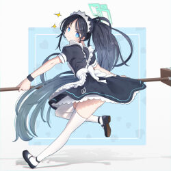 Rule 34 | &gt;:), 1girl, absurdres, apron, aris (blue archive), aris (maid) (blue archive), black dress, black footwear, black hair, black wrist cuffs, blue archive, blue eyes, blush, bright pupils, broom, chiu538, closed mouth, commentary request, dress, floating clothes, floating hair, frilled apron, frilled dress, frills, from side, full body, halo, heart, highres, holding, holding broom, korean commentary, light blue background, long hair, looking at viewer, maid, maid apron, maid headdress, mary janes, mixed-language commentary, partial commentary, ponytail, puffy short sleeves, puffy sleeves, shoes, short sleeves, simple background, smile, sparkle, standing, standing on one leg, thighhighs, thighs, two-tone background, v-shaped eyebrows, very long hair, white apron, white background, white pupils, white thighhighs, wrist cuffs