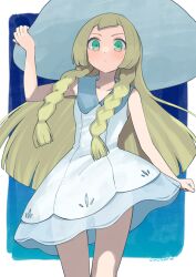 Rule 34 | 1girl, artist name, bare arms, blonde hair, braid, closed mouth, collared dress, commentary request, couzone, creatures (company), dress, eyelashes, game freak, green eyes, hand on headwear, hat, highres, lillie (pokemon), long hair, looking at viewer, nintendo, pokemon, pokemon sm, see-through, signature, sleeveless, sleeveless dress, solo, sun hat, twin braids, white dress