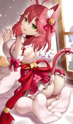 Rule 34 | 1girl, absurdres, ahoge, animal ears, ass, bell, breasts, cat ears, cat tail, detached sleeves, fang, feet, from behind, green eyes, hair ornament, highres, hololive, kneeling, large breasts, looking at viewer, medium breasts, nekomata, nontraditional miko, open mouth, pink hair, roina (effj7473), sakura miko, sideboob, skin fang, solo, tail, thighhighs, virtual youtuber, white thighhighs