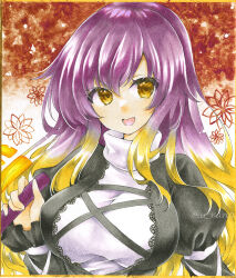 Rule 34 | 1girl, :d, absurdres, blonde hair, breasts, commentary, cross-laced clothes, gradient hair, highres, hijiri byakuren, large breasts, long hair, looking at viewer, marker (medium), multicolored hair, open mouth, purple hair, rano (u rano), smile, solo, touhou, traditional media, turtleneck, upper body, yellow eyes