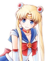 Rule 34 | 1girl, bishoujo senshi sailor moon, blonde hair, blue eyes, blue sailor collar, blue skirt, breasts, brooch, choker, cleavage, collarbone, commentary request, crescent, crescent earrings, derivative work, double bun, earrings, heart, heart brooch, jewelry, long hair, looking at viewer, meihemu, meme, red choker, sailor collar, sailor moon, sailor moon redraw challenge (meme), sailor senshi, sailor senshi uniform, short sleeves, simple background, skirt, solo, tiara, tsukino usagi, twintails, white background