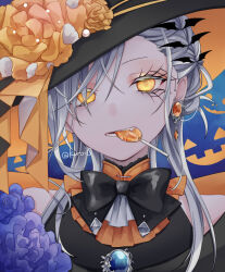 Rule 34 | 1girl, bat ornament, black bow, bow, bowtie, candy, earrings, fang, food, glowing, glowing eyes, grey hair, hair ornament, halloween, hat, jewelry, kuroi (liar-player), lollipop, looking at viewer, original, solo, witch hat, yellow eyes