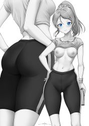 Rule 34 | 1girl, absurdres, artist name, ayase eli, birthday, blonde hair, blue eyes, blush, breasts, collarbone, female focus, greyscale, hair between eyes, hair ornament, hair scrunchie, hairclip, hand on own hip, happy birthday, high ponytail, highres, holding, long hair, looking at viewer, love live!, love live! school idol project, monochrome, navel, nipples, no bra, open clothes, open shirt, parted lips, ponytail, scrunchie, shirt, short hair, short sleeves, simple background, smile, solo, sportswear, topless, unsfrau, white background, wristband