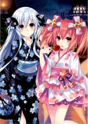 Rule 34 | 2girls, absurdres, alyn (fairy fencer f), blush, bow, candy apple, fairy fencer f, floral print, frills, hairband, highres, japanese clothes, kimono, long hair, looking at viewer, multiple girls, red eyes, red hair, ribbon, smile, tiara (fairy fencer f), tongue, tongue out, tsunako, twintails, white hair, yukata