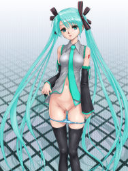 Rule 34 | 1girl, aqua eyes, aqua hair, bottomless, detached sleeves, hatsune miku, highres, legs, lips, long hair, navel, necktie, panties, panty pull, rasukaru, solo, striped clothes, striped panties, thighhighs, twintails, uncensored, underwear, very long hair, vocaloid