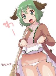 Rule 34 | 1girl, animal ears, blush, breasts, broom, brown dress, clothes lift, commentary request, cowboy shot, dated, dog ears, dress, dress lift, dutch angle, fang, green eyes, green hair, groin, highres, holding, holding broom, kasodani kyouko, kei jiei, lowleg, lowleg panties, one-hour drawing challenge, open mouth, panties, short hair, simple background, skin fang, small breasts, smile, solo, touhou, underwear, white background