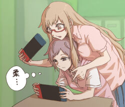 Rule 34 | alternate color, ano fuji, blonde hair, breast press, breast rest, breasts, breasts on head, brown eyes, brown hair, commentary request, gari, glasses, handheld game console, holding, holding handheld game console, large breasts, long hair, miyama nena, nintendo switch, okujou no yurirei-san, open mouth, pink shirt, shirt, translation request, very long hair, yuri