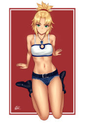 Rule 34 | 1girl, 2dswirl, arm support, bare legs, blonde hair, boots, braid, breasts, crop top, denim, denim shorts, fate/apocrypha, fate/grand order, fate (series), frown, green eyes, highres, jewelry, leaning back, looking at viewer, medium breasts, midriff, mordred (fate), mordred (fate/apocrypha), mordred (memories at trifas) (fate), navel, necklace, scrunchie, seiza, shorts, sitting, solo, tan, thighs, toned
