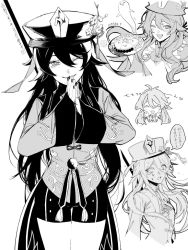 Rule 34 | 1girl, blush, closed eyes, flower, flower-shaped pupils, food, genshin impact, ghost, ghostly march (genshin impact), greyscale, hair between eyes, hat, heart, holding, holding plate, hu tao (genshin impact), jewelry, lebruitestmoi, long hair, long sleeves, monochrome, multiple rings, multiple views, nail polish, one eye closed, open mouth, own hands together, plate, plum blossoms, polearm, ring, shorts, simple background, speech bubble, symbol-shaped pupils, tailcoat, tassel, translation request, weapon