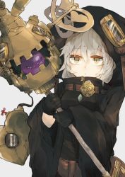 Rule 34 | bad id, bad pixiv id, black gloves, closed mouth, expressionless, gloves, grey background, holding, hood, hood up, komeiji koishi, long sleeves, looking at viewer, machinery, short hair, simple background, solo, steampunk, third eye, touhou, upper body, white hair, wide sleeves, yellow eyes, zairen