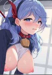 Rule 34 | 1girl, ako (blue archive), bell, belt collar, between breasts, blue archive, blue eyes, blue hair, blue hairband, blush, breasts, clothes between breasts, collar, earrings, hair between eyes, hair ribbon, hairband, halo, jewelry, large breasts, leash, long hair, long sleeves, looking at viewer, neck bell, nipples, red ribbon, ribbon, sideboob, solo, sweat, tears, topu, unfinished