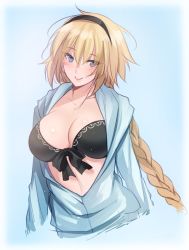Rule 34 | 1girl, alternate costume, bikini, black bikini, blonde hair, blue eyes, blue sweater, blush, braid, braided ponytail, breasts, cardigan, cleavage, collarbone, fate/grand order, fate (series), front-tie top, hairband, highres, jeanne d&#039;arc (fate), jeanne d&#039;arc (ruler) (fate), jeanne d&#039;arc (swimsuit archer) (fate), jeanne d&#039;arc (swimsuit archer) (first ascension) (fate), large breasts, long braid, long hair, open cardigan, open clothes, single braid, sketch, smile, solo, sweater, swimsuit, tusia