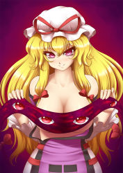 Rule 34 | 1girl, blonde hair, blush, bow, breasts, cleavage, covering privates, covering breasts, female focus, gap (touhou), hair bow, hat, hat bow, highres, large breasts, long hair, looking at viewer, mazume, naughty face, off shoulder, purple eyes, smile, solo, topless, touhou, underboob, yakumo yukari