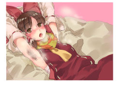 Rule 34 | 1girl, armpit hair, armpits, arms behind head, arms up, ascot, bad id, bad pixiv id, benikurage (cookie), blush, border, bow, brown eyes, brown hair, commentary request, cookie (touhou), detached sleeves, hair bow, hakurei reimu, looking at viewer, lying, medium hair, meji aniki, nose blush, on back, open mouth, orange scarf, parted bangs, pink background, red bow, red shirt, red skirt, ribbon-trimmed sleeves, ribbon trim, sarashi, scarf, shirt, skirt, skirt set, solo, steaming body, striped clothes, striped scarf, touhou, upper body, white border, white sleeves, yellow ascot, yellow scarf