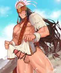 Rule 34 | 1boy, blush, brown hair, censored, character request, copyright request, cowboy shot, erection, from below, headpiece, jin (sirius-j), loincloth lift, long hair, looking at viewer, male focus, parted lips, penis, precum, smile, solo, symbol-only commentary, very long hair
