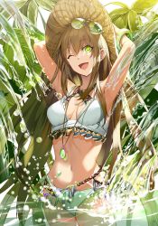 Rule 34 | 1girl, ;d, armpits, arms behind head, arms up, bad id, bad pixiv id, bangle, bare shoulders, bikini, bracelet, breasts, breasts apart, brown hair, collarbone, commentary request, cowboy shot, day, ddaomphyo, eyewear on head, frilled bikini, frills, green eyes, groin, halterneck, hat, highres, jewelry, leaf, light particles, long hair, looking at viewer, medium breasts, navel, necklace, one eye closed, open mouth, original, partially submerged, plant, ripples, sidelocks, smile, solo, stomach, sun hat, sunglasses, swimsuit, tassel, very long hair, water, white bikini