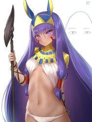 Rule 34 | 1girl, blush, bracelet, breasts, closed mouth, dark-skinned female, dark skin, facepaint, fate/grand order, fate (series), hair between eyes, hairband, highres, holding, holding staff, image sample, jewelry, jpeg artifacts, long hair, looking at viewer, medium breasts, medjed (fate), midriff, navel, nitocris (fate), polearm, purple eyes, purple hair, resolution mismatch, simple background, solo, source larger, staff, upper body, very long hair, weapon, white background, yaman (yamanta lov)