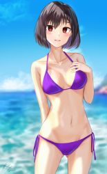 Rule 34 | absurdres, arm behind back, bikini, blue sky, blurry, blurry background, blush, bob cut, breasts, collarbone, commentary, cowboy shot, gluteal fold, hair between eyes, halterneck, hand on own chest, highres, huge filesize, looking at viewer, medium breasts, navel, ocean, original, parted lips, purple bikini, red eyes, short hair, side-tie bikini bottom, signature, sky, smile, solo, swimsuit, tetto (onnoveltet), thigh gap, wading, yandere