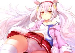 Rule 34 | 1girl, animal ears, azur lane, camisole, closed mouth, from below, fur trim, highres, jacket, laffey (azur lane), long hair, miniskirt, open clothes, open jacket, panties, pink hair, pink panties, rabbit ears, red eyes, red skirt, sidelocks, silver hair, skirt, solo, strap slip, striped clothes, striped thighhighs, sukemyon, thighhighs, tsurime, twintails, underwear, upskirt, white thighhighs