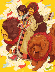 Rule 34 | 1girl, animal, bad id, bad tumblr id, blush, brown hair, carrying, chinese zodiac, closed eyes, crisalys, dog, fur trim, highres, long hair, new year, nike (company), open mouth, original, piggyback, shoes, smile, smoke, sneakers, solo, tibetan mastiff, tongue, unworn shoes, walking, year of the dog, yellow background
