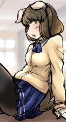 Rule 34 | 1girl, breasts, brown hair, buried frog, dog, female focus, furry, furry female, indoors, open mouth, school uniform, short hair, skirt, solo, uniform