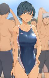 Rule 34 | 1girl, absurdres, bare arms, bare shoulders, black hair, blue hair, blue jammers, blue male swimwear, blue one-piece swimsuit, breasts, collarbone, competition swimsuit, cowboy shot, day, groin, hand on own hip, highres, jammers, large breasts, looking at viewer, male swimwear, multiple boys, one-piece swimsuit, open mouth, original, outdoors, short hair, stretching, swim cap, swimsuit, tan, topless, very short hair, wakamatsu372
