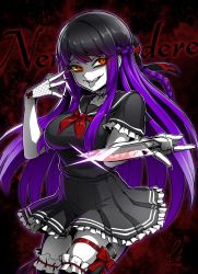 Rule 34 | 1girl, black background, black hair, blood, bloody knife, bow, breasts, choker, commission, dark background, ebiblue, evil grin, evil smile, fishnet gloves, fishnets, frilled thighhighs, frills, gesugao, gloves, glowing, glowing eyes, greyscale, grin, heart, highres, knife, large breasts, limited palette, long hair, miniskirt, monochrome, multicolored hair, orange eyes, original, purple eyes, red bow, red neckwear, rigging, sailor collar, school uniform, serafuku, shaded face, skirt, smile, thighhighs, tongue, tongue out, two-tone hair