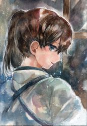 Rule 34 | 1044kiro, 10s, 1girl, absurdres, bad id, bad pixiv id, blue eyes, brown hair, from behind, highres, japanese clothes, kaga (kancolle), kantai collection, looking at viewer, looking to the side, millipen (medium), nape, open mouth, painting (medium), portrait, profile, side ponytail, sideways glance, smile, solo, tasuki, traditional media, watercolor (medium)