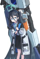 Rule 34 | 1girl, aris (blue archive), black hair, black hairband, blue archive, blue eyes, blue hair, blue necktie, blush, dark blue hair, hair between eyes, hairband, halo, highres, huge weapon, izumo (ton 63), jacket, long hair, long sleeves, looking at viewer, magnetic weapon, necktie, one side up, open clothes, open jacket, open mouth, railgun, ringed eyes, shirt, simple background, solo, standing, very long hair, weapon, white background, white shirt