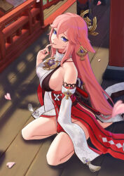 Rule 34 | 1girl, absurdres, bare shoulders, barefoot, blurry, breasts, brooch, cherry blossoms, depth of field, detached sleeves, falling petals, finger to mouth, full body, genshin impact, hair between eyes, hair ornament, highres, ilbanseomin, japanese clothes, jewelry, large breasts, long hair, looking at viewer, no pants, parted lips, petals, pink hair, purple eyes, red nails, sideboob, sitting, solo, stairs, tassel, thighs, very long hair, wooden floor, yae miko