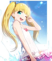 Rule 34 | 1girl, ;d, aqua eyes, blonde hair, blush, bow, day, fpanda, frilled swimsuit, frills, highres, idolmaster, idolmaster cinderella girls, innertube, long hair, mary cochran, one-piece swimsuit, one eye closed, open mouth, outdoors, pink bow, smile, solo, splashing, sun, swim ring, swimsuit, twintails, water, wet, white one-piece swimsuit