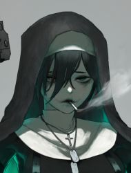 Rule 34 | 1girl, black hair, celtic cross, cigarette, crack, cracked skin, cropped, cross, dgk, dog tags, eyes visible through hair, glowing, green eyes, grey background, hair between eyes, jewelry, microphone, mouth hold, necklace, nun, original, scar, scar across eye, scar on face, short hair, simple background, smoke, smoking, solo, turtleneck, upper body