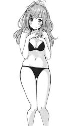 Rule 34 | 1girl, bad id, bad twitter id, bikini, blush, bow, breasts, breasts squeezed together, cleavage, greyscale, hair bow, highres, idolmaster, idolmaster shiny colors, large breasts, long hair, monochrome, navel, simple background, solo, swimsuit, tsukioka kogane, white background