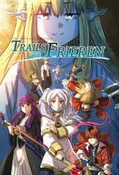 ao_no_kiseki beard blonde_hair commentary commission cover dwarf eisen_(sousou_no_frieren) eiyuu_densetsu elf english_commentary facial_hair fake_cover fake_horns fern_(sousou_no_frieren) frieren green_hair helmet highres himmel_(sousou_no_frieren) holding holding_staff horned_helmet horns land_(sousou_no_frieren) looking_at_viewer loose_hair_strand ononotsu parted_lips pointy_ears purple_eyes purple_hair red_hair sein_(sousou_no_frieren) serie_(sousou_no_frieren) short_hair sousou_no_frieren staff stark_(sousou_no_frieren) twintails ubel_(sousou_no_frieren) v-shaped_eyebrows video_game_cover yellow_eyes