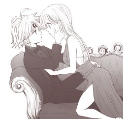 Rule 34 | 1boy, 1girl, antenna hair, backless dress, backless outfit, bow, bowtie, couch, couple, dress, dress shirt, elizabeth liones, eye contact, from side, greyscale, harumiya, hetero, imminent kiss, jacket, long hair, long sleeves, looking at another, meliodas, monochrome, nanatsu no taizai, open clothes, open jacket, pants, parted lips, profile, shirt, side slit, simple background, sleeveless, sleeveless dress, straight hair, very long hair, vest, white background