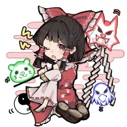 Rule 34 | 1girl, bare shoulders, black hair, bow, brown eyes, chibi, d;, detached sleeves, eagle spirit (touhou), frilled bow, frilled hair tubes, frills, full body, gohei, hair bow, hair tubes, hakurei reimu, holding, holding stick, long sleeves, looking at viewer, looking back, medium hair, mouryou (chimimouryou), one eye closed, open mouth, otter spirit (touhou), paw print, red bow, sidelocks, simple background, sitting, skirt, skirt set, solo, stick, touhou, v-shaped eyebrows, wariza, white background, wide sleeves, wily beast and weakest creature, wolf spirit (touhou)