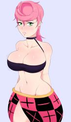 Rule 34 | 1girl, blue eyes, blush, breast rest, breasts, choker, cleavage, collarbone, curvy, g3mma, green eyes, groin, highres, jojo no kimyou na bouken, large breasts, lips, looking at viewer, navel, pink hair, solo, stomach, strapless, sweat, trish una, tube top, wide hips