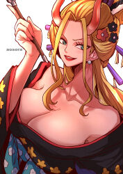 Rule 34 | 1girl, aosora2823, bare shoulders, black maria (one piece), blonde hair, blue eyes, breasts, cleavage, collarbone, commentary request, highres, japanese clothes, kimono, large breasts, long hair, looking at viewer, one piece, simple background, smile, solo, upper body, white background