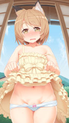 Rule 34 | 1girl, animal ears, blue sky, blush, bow, bow panties, brown eyes, brown hair, clothes lift, cloud, collarbone, commentary request, day, dress, dress lift, fang, fox ears, fox tail, frilled dress, frills, groin, highres, looking at viewer, navel, open mouth, original, panties, panty pull, pink bow, skindentation, sky, sleeveless, sleeveless dress, sliding doors, solo, standing, strap slip, sweat, tachimi (basue), tail, underwear, white panties, yellow dress