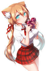 Rule 34 | 1girl, animal ears, aqua eyes, blush, box, breasts, cat ears, checkered clothes, checkered skirt, gift, gift box, hair ribbon, heart, large breasts, light brown hair, long hair, looking at viewer, miniskirt, original, plaid, plaid skirt, pleated skirt, revision, ribbon, shiny skin, shirt, short sleeves, skirt, smile, solo, taut clothes, taut shirt, twintails, valentine, zenn