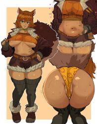 1girl acorn_print animal_ears areola_slip belly bent_over breasts brown_jacket brown_tail cameltoe clothes_lift crop_top cropped_jacket fingerless_gloves freckles fur_trim gloves grabbing_own_stomach hand_on_own_hip highres jacket large_breasts large_tail looking_at_viewer marvel marvel_rivals muffin_top orange_hair paid_reward_available panties partially_visible_vulva plump shirt_lift short_shorts shorts skindentation smile solo squirrel_ears squirrel_girl_(marvel) squirrel_tail sweat tail thick_thighs thigh_gap thighs underboob underwear very_sweaty void_dot_exe