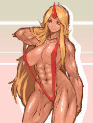 Rule 34 | 1girl, abs, adjusting hair, areola slip, blonde hair, breasts, cleavage, contrapposto, cowboy shot, dark-skinned female, dark skin, gradient background, groin, hand in own hair, highres, horns, hoshiguma yuugi, huge breasts, jewelry, koukou tekken-den tough, light smile, long hair, looking afar, muscular, muscular female, nameo (judgemasterkou), necklace, one-piece swimsuit, red eyes, red one-piece swimsuit, red slingshot swimsuit, shadow, single horn, sketch, slingshot swimsuit, smile, solo, standing, star (symbol), swimsuit, tan, thick thighs, thighs, touhou, very long hair