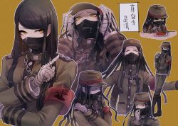 Rule 34 | armband, bad id, bad pixiv id, bandaged arm, bandaged hand, bandages, black hair, boots, brown footwear, brown headwear, chain, closed eyes, commentary request, covered mouth, covering own mouth, danganronpa (series), danganronpa v3: killing harmony, eating, food, gas mask, hand on own shoulder, hand up, hat, highres, holding, holding spoon, index finger raised, jacket, long hair, long sleeves, looking at viewer, male focus, mask, mouth mask, multiple views, nia (nila0513), shinguji korekiyo, spoon, standing, surgical mask, translation request, upper body, weapon, yellow background, yellow eyes, zipper pull tab