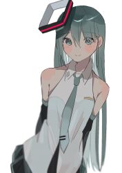 Rule 34 | 1girl, aqua eyes, aqua hair, aqua necktie, arms behind back, bare shoulders, black skirt, black sleeves, blush, commentary, detached sleeves, fuyumare, hair down, halo, hatsune miku, highres, long sleeves, looking at viewer, necktie, romaji commentary, shirt, simple background, skirt, smile, solo, tie clip, vocaloid, white background, white shirt