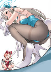 Rule 34 | 2girls, absurdres, ahoge, animal ears, ass, asuna (blue archive), asuna (bunny) (blue archive), bandaid, bandaid on leg, bare legs, blue archive, blue eyes, blue leotard, blush, bow, bowtie, breasts, closed eyes, detached collar, double v, fake animal ears, fake tail, full body, gloves, grey hair, halo, high heels, highleg, highleg leotard, highres, large breasts, leotard, long hair, looking at viewer, multiple girls, neru (blue archive), neru (bunny) (blue archive), open mouth, pantyhose, pink hair, playboy bunny, rabbit tail, red footwear, red leotard, sameda koban, squatting, strapless, strapless leotard, tail, thighband pantyhose, v, white footwear, white gloves