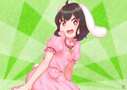 Rule 34 | 1girl, absurdres, animal ears, black hair, carrot necklace, commentary, dress, green background, hair between eyes, highres, huge filesize, inaba tewi, jewelry, looking at viewer, necklace, open mouth, pink dress, puffy short sleeves, puffy sleeves, rabbit ears, rabbit tail, red eyes, short hair, short sleeves, sitting, smile, solo, tail, touhou, zanasta0810